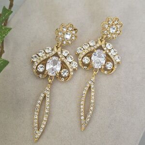 Long Statement Earrings Gold with Clear Crystal Chandalier
